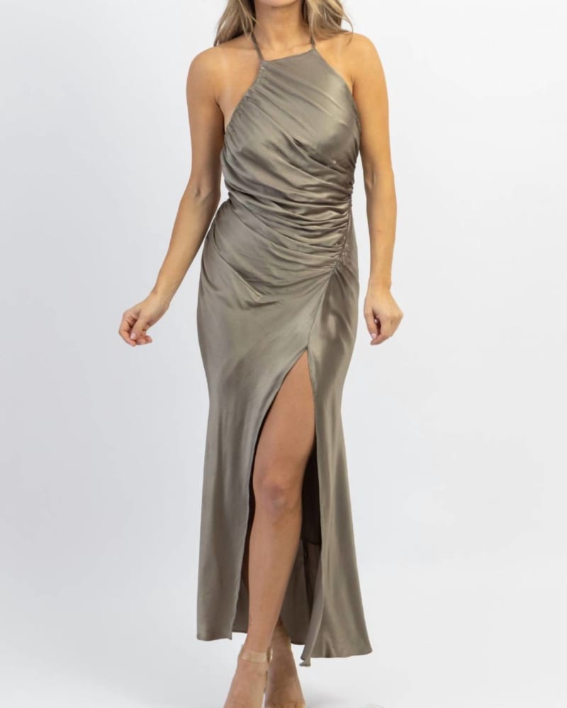 Front of a model wearing a size L Biltmore Satin Shirring Dress In Sage in Sage by MABLE. | dia_product_style_image_id:350743